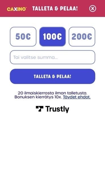 Caxino kasinolle pääsee pelaamaan myös pikana Trustlyn kautta verkkopankkitunnuksilla