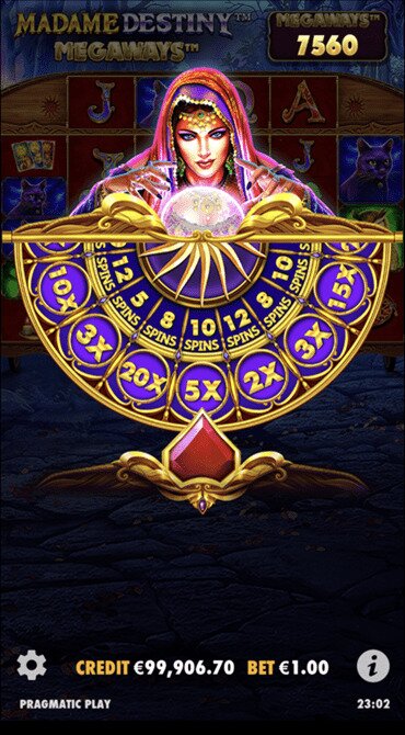 The bonus wheel spins to determine how many Free Spins you’ll receive and the starting multiplier for winning combinations during this feature.