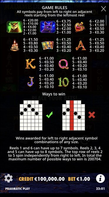 Explore the potential multipliers up for grabs in the paytable of Madame Destiny Megaways, spanning low and high-value base game symbols.