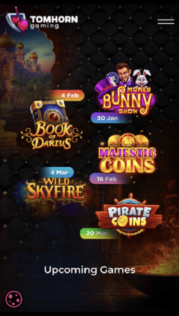 Screenshot of Tom Horn Gaming’s homepage, showcasing its slots.