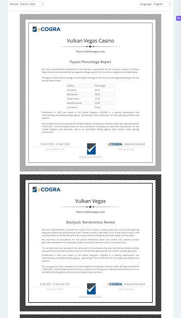 Vulkan casino eCOGRA payout percentage report