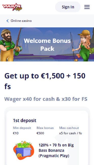 Vulkan casino welcome bonus pack