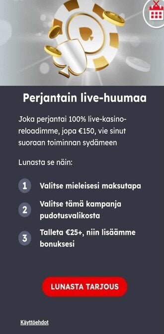 Jaka perjantai 100% live-kasino-reladimme