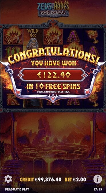 Big wins are possible when you trigger or buy into the Free Spins feature in Zeus vs Hades: Gods of War