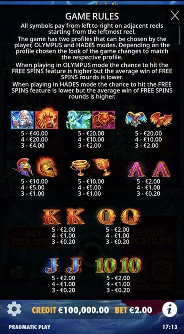 Check out the ten base game symbols in play during all spins on the reels of Zeus vs Hades: Gods of War