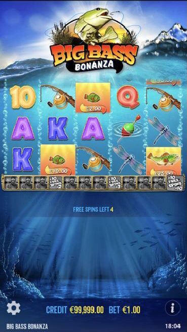 Midway through the ten spins of the Big Bass Bonanza Free Spins feature.