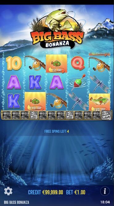 Midway through the ten spins of the Big Bass Bonanza Free Spins feature.
