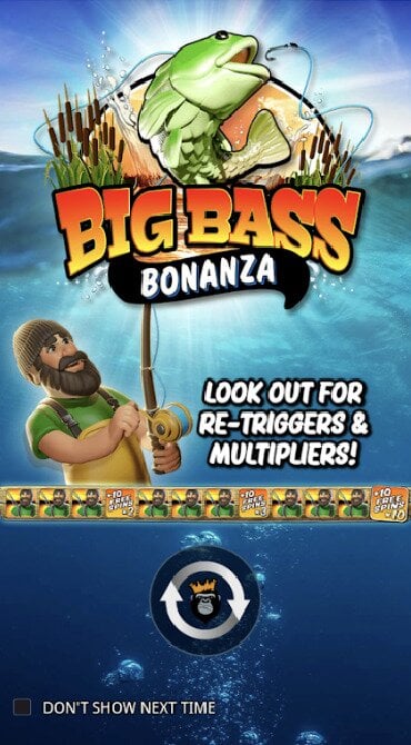 The Big Bass Bonanza home screen showing the bearded fisherman wild symbol.