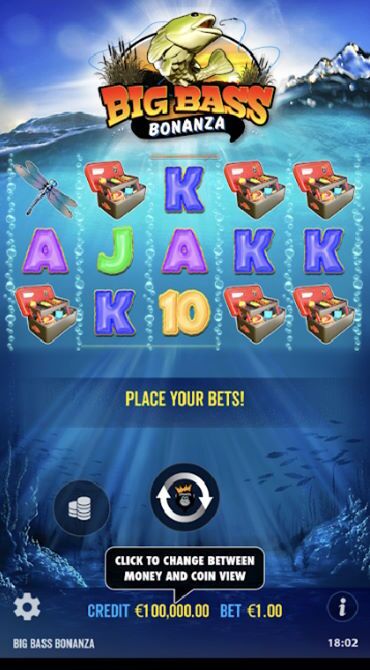 A screenshot of the 5x3 Big Bass Bonanza reel grid underwater.