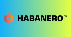 Game provider Habanero's logo on Slotsoo's typical blue to light green gradient background