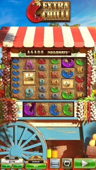 The Extra Chilli base game by Big Time Gaming, with its reels embedded into the side of a cart selling produce.