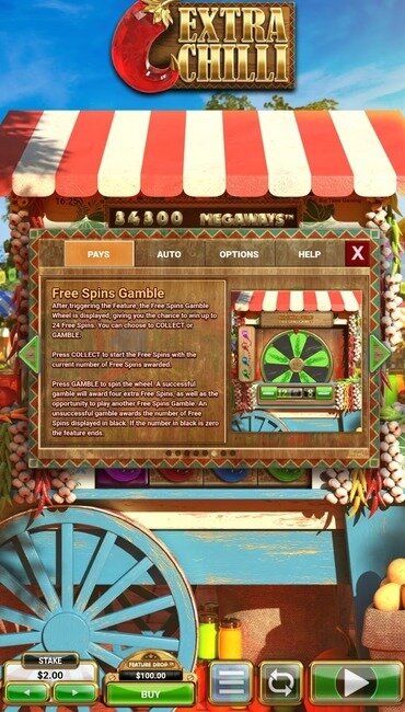 The Extra Chilli paytable showing how players can gamble to win more Free Spins.