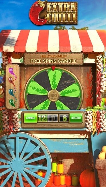 A still of Extra Chilli showing the Free Spins Gamble wheel before it’s spun.