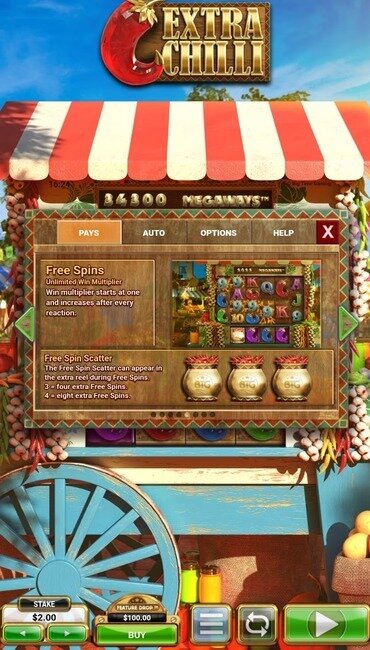 The Extra Chilli paytable showing how its Free Spins mode works and how you can unlock more spins.