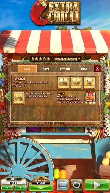 The Extra Chilli paytable showing its three Scatter symbols and firework Wilds, and what they do in the game.