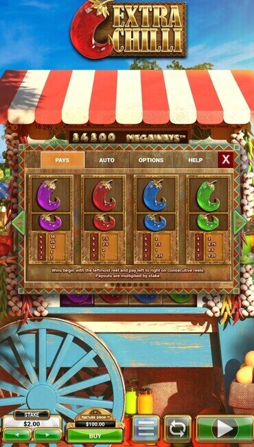 A still of Extra Chilli’s paytable, showing the four colorful chilies and how much they pay out.
