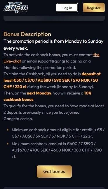 Gangsta Casino weekly bonus description