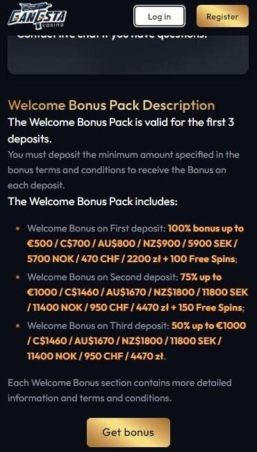 Gangsta Casino welcome bonus pack description