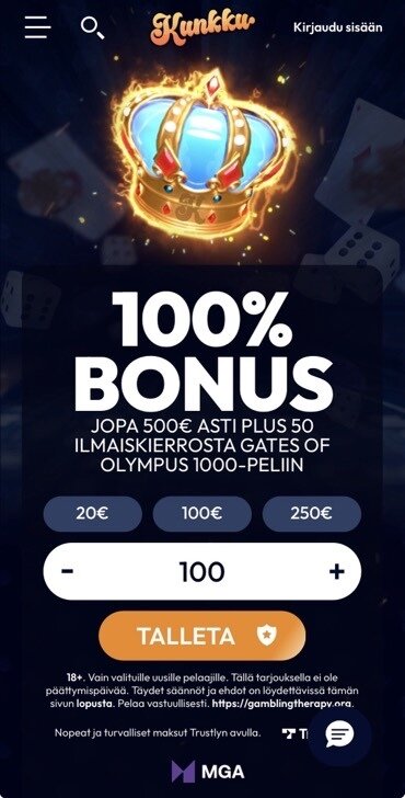 Kuvakaappaus Kunkku Kasinon tervetulobonuksesta