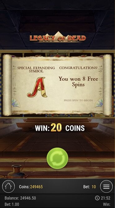 This screen appears when you trigger the Free Spins feature, with a base game symbol picked randomly to be the “Special Expanding Symbol”.