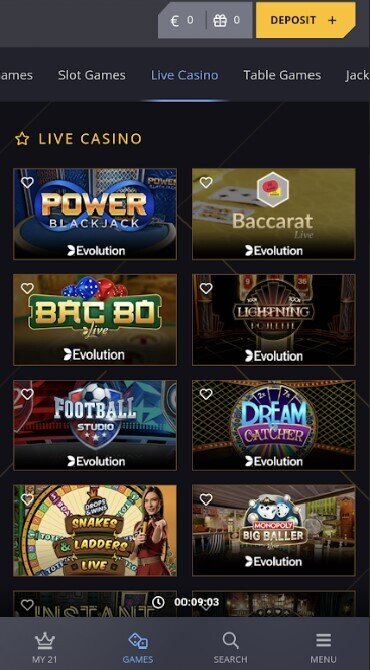 A screenshot of 21 Casino's live dealer game library