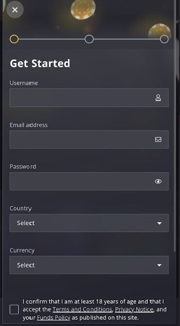 A screenshot of the 'Get Started' sign-up form at 21 Casino