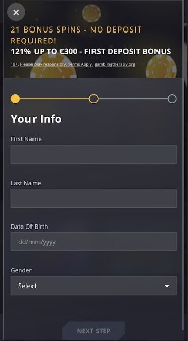 A screenshot of the address and post code sign-up form at 21 Casino