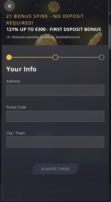 A screenshot of the 'Your Info' sign-up form at 21 Casino