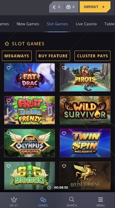 A screenshot of 21 Casino's slot game library
