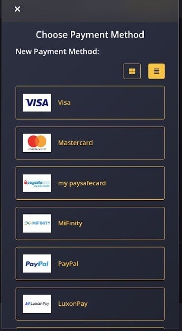 A screenshot of the available deposit methods at 21 Casino