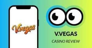 Slotsoo's googly eyes are looking at a smartphone screen with V.Vegas logo. Text: V.Vegas Casino Review