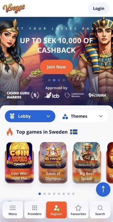 V.Vegas online casino mobile front page