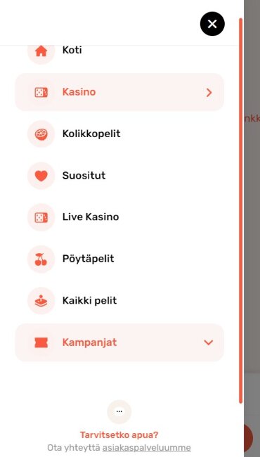 Koi Casino sivuvalikko