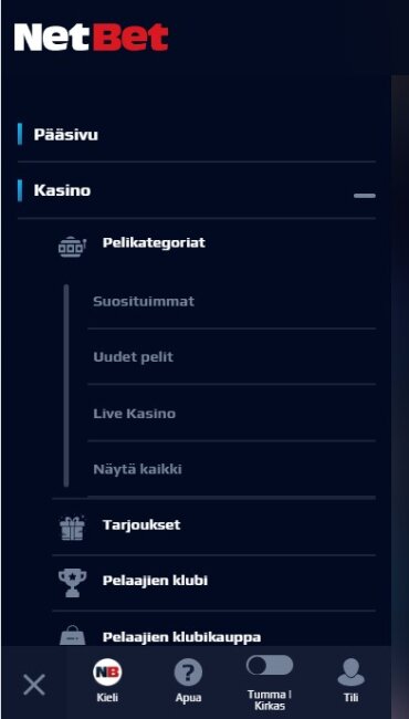 NetBet sivuvalikko