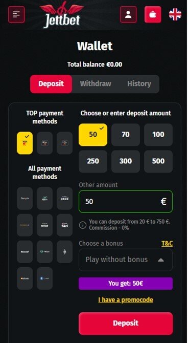 Jettbet Casino Payments Options