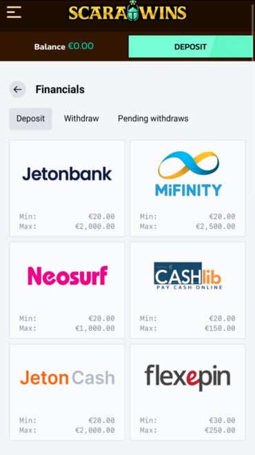 Scarawins deposit methods including e-wallets and vouchers.