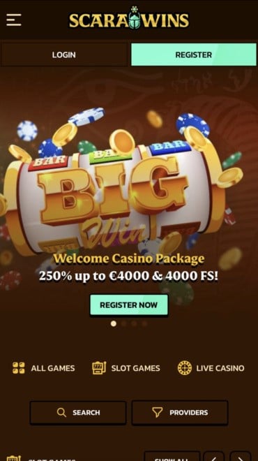 Scarawins homepage greets you with incredible slots and a generous welcome bonus.