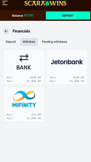 Scarawins withdrawal methods including bank transfer and e-wallets.