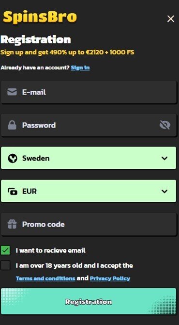 SpinsBro Registration step 2