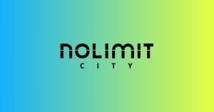 Black Nolimitcity logo on a blue and green gradient background.