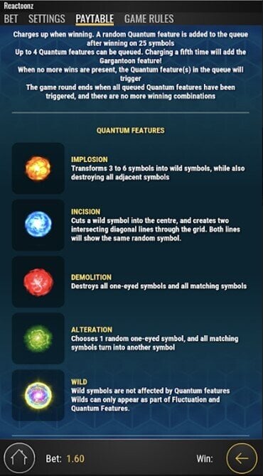 Reactoonz - Paytables - Quantum Features
