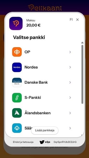 Pelikaani Kasinon talletusnäkymä