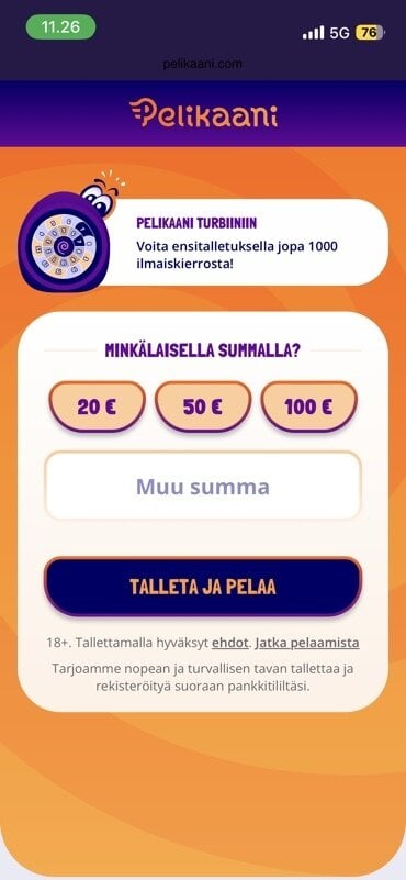 Kuvakaappaus Pelikaani-kasinon talletussivusta, kyseessä on Pay N Play kasino