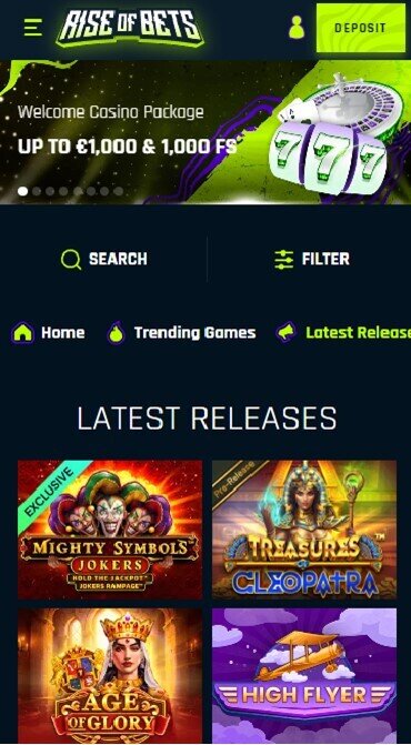 Rise of Bets home game page, showing new releases and the search function.