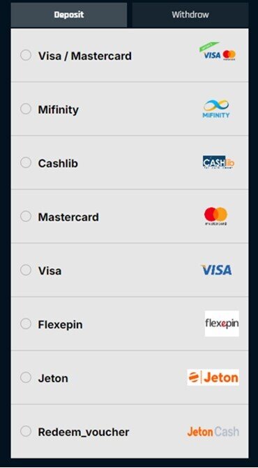 List of deposit methods available at Rise of Bets, including Visa and Jeton.