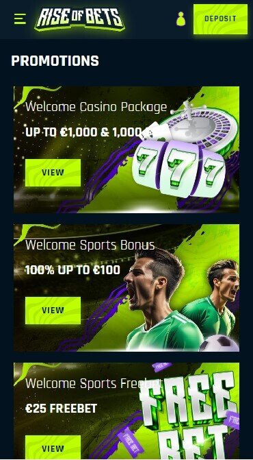 Promotions available at Rise of Bets, including the welcome offer, sports bonus, and welcome free bet.