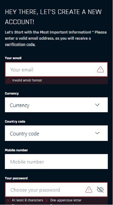 Rise of Bets initial sign up page, including box for email, currency, location and mobile number.