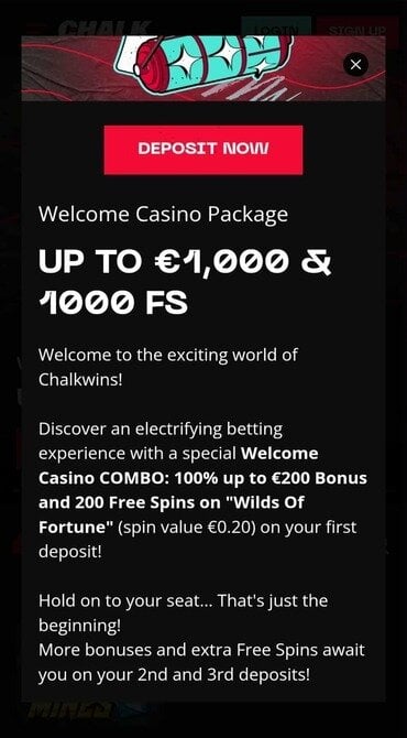 A page explaining the three-stage welcome package for first-time depositors at Chalk Wins Casino.