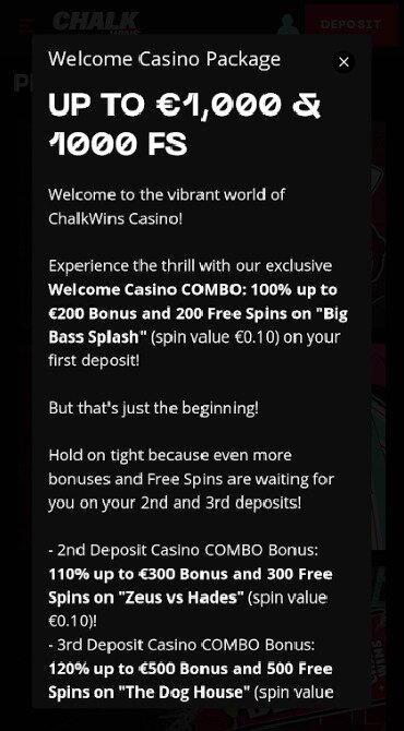 A page explaining the three-stage welcome package for first-time depositors at Chalk Wins Casino.