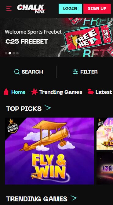 Chalk Wins Casino homepage showing latest bonus and top navigation menu